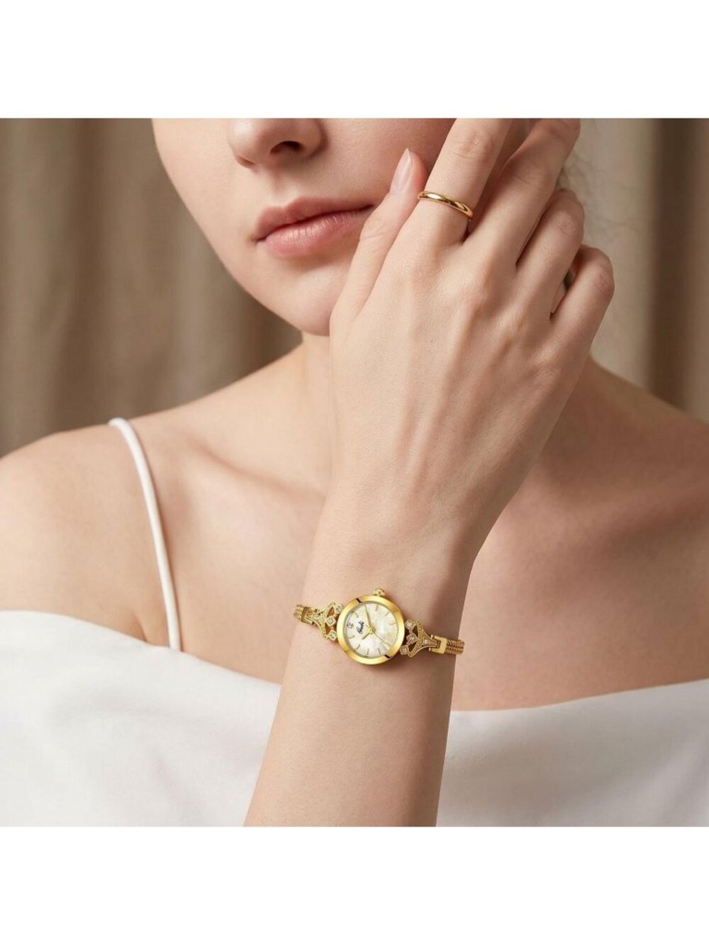 Women's Gold Elegant Steel Mesh Strap Luxury Rhinestone Pearl Dial Quartz Watch - Picture 6 of 6